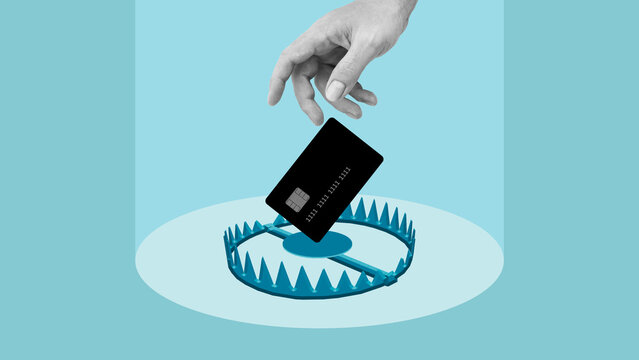 Bank Card in Trap - Financial Fraud, Online Scam and Security Risks. Hidden Costs in Loan and Debt Trap