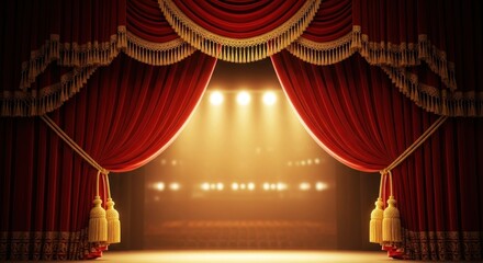 A red and gold stage curtain with spotlights on a stage.