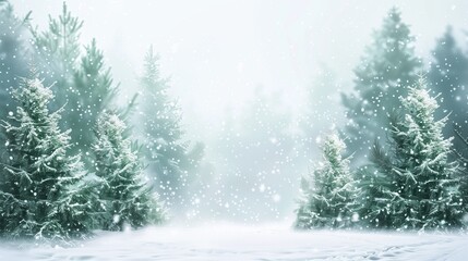 Look For An Evergreen Day: horizontal banner template, beautiful snowy evergreen forest background slightly blurred, central area reserved for text placement, soft natural winter lighting