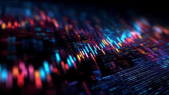 Abstract digital data stream with glowing blue and red lines representing information flow and technological advancement in a dark futuristic environment - Powered by Adobe