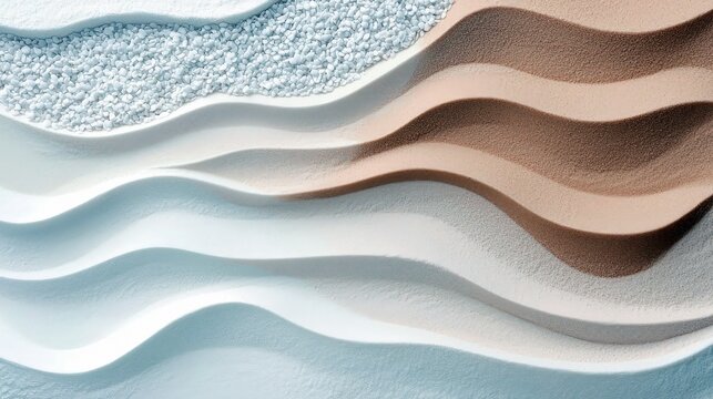 Abstract composition of layered materials, featuring smooth, undulating waves of sand in shades of white, tan, and brown, topped with a band of small, white peb
