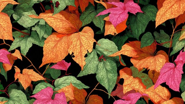 Vibrant multicolored foliage covers a repeating dark background creating a dense botanical pattern
