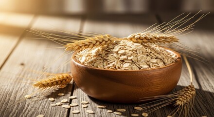 A wooden bowl filled with oatmeal and wheat ears on a rustic wooden table.