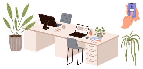 Organized desk setup with laptops, monitor, chair, books, plants, and a hand holding a smartphone interface. Ideal for productivity, remote work, office setup technology digital interaction