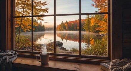 A cozy autumnal window view with a steaming hot cup of coffee, a blanket, and a book.