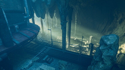 Large ancient temple in a cave buried under a futuristic city. Fantasy sci-fi environment background 3D render. © IG Digital Arts