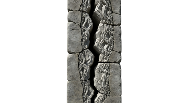 Vertical fracture in gray concrete stone wall on transparent background concept