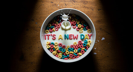 Milk and cereal for breakfast on wooden table with text it's a new day