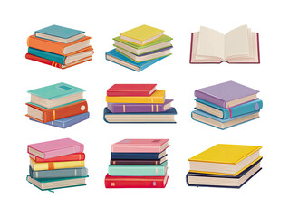 Vibrant cartoon stacks of books on a black background