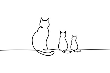 Continuous one line drawing of Mother cat and her kittens. Flat vector illustration design isolated on white background.