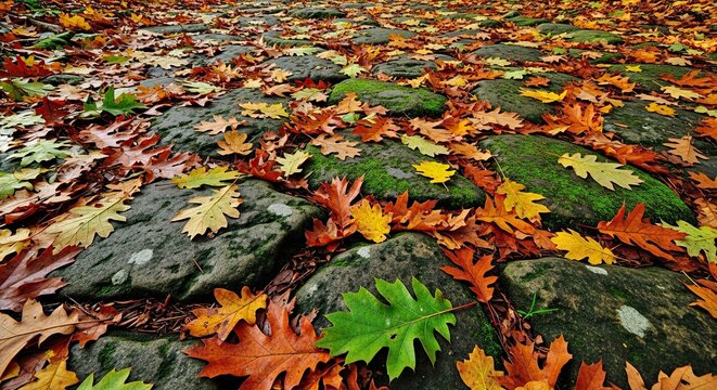 Vibrant autumn leaves and mossy rocks create a colorful natural carpet. - Powered by Adobe