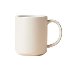A plain, off-white ceramic mug with a handle, isolated on black