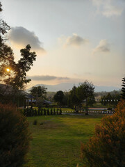 A view of the green mountain garden in the evening