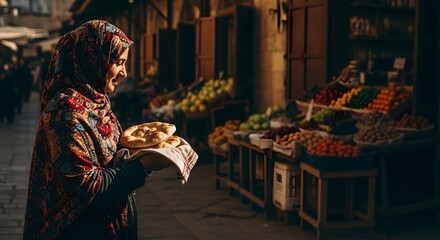 A woman wearing a colorful headscarf shopping for fresh fruits at an outdoor market during the evening