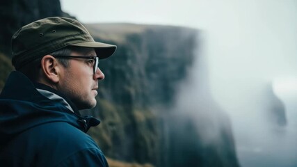 Contemplative adult caucasian man in a cap and glasses enjoying a scenic mountain view. Cinematic sequence for themes of travel, solitude, and personal exploration