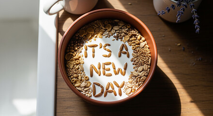 It's a new day written in oatmeal letters in a glass of milk