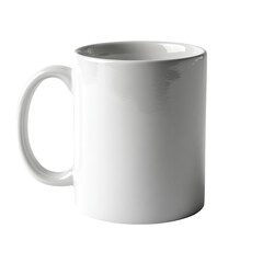 A plain white ceramic mug with a handle on a black background