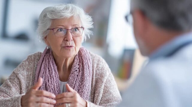 Doctor and Patient Dialogue: In a close-up shot, a compassionate doctor engages in a dialogue with an elderly woman. They discuss health in a caring setting