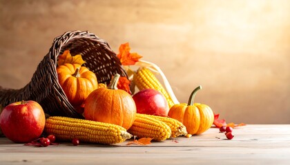 Abundance of Autumn Harvest - Cornucopia with Pumpkins and Apples.