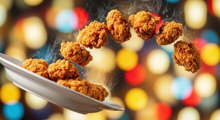Fried chicken pieces flying out of a plate against a colorful background.