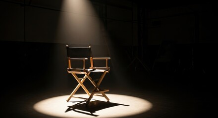 A director's chair in a dimly lit room with a spotlight shining down on it.