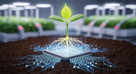 A green plant with roots growing out of a digital chip on a soil-like surface.