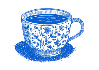 Blue floral teacup with saucer, a refreshing beverage