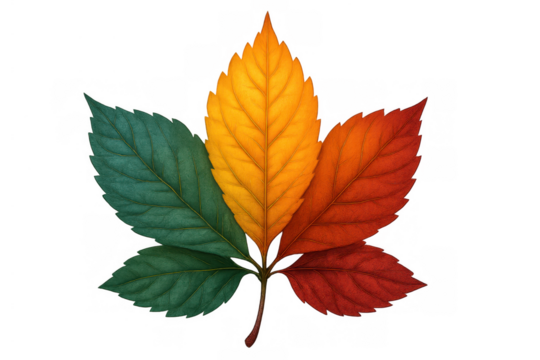 Autumn leaf changing colors illustrating seasonal transition and nature's vibrant fall palette with transparent background