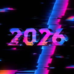 2026 New Year celebration with abstract colorful glitch effect background