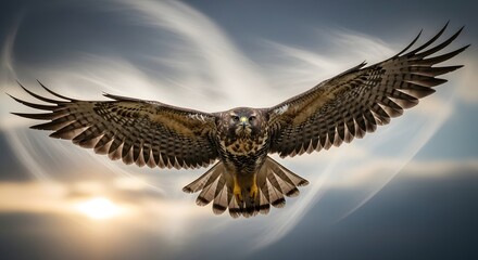 A majestic bird of prey soaring through the sky with its wings fully extended against a backdrop of clouds and sunlight
