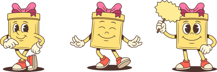 Three animated cartoon gift box characters mascot vector illustration set. Showing thinking pose dancing joyfully and holding blank sign. Varied expressions for advertising promotion storytelling