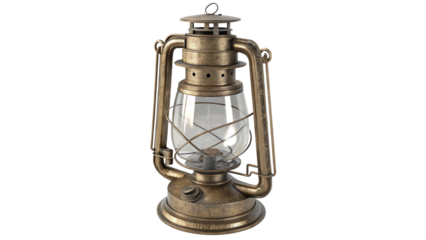 An antique brass oil lantern with a glass globe, isolated on transparent background