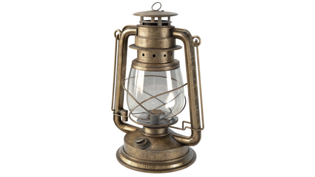 An antique brass oil lantern with a glass globe, isolated on transparent background - Powered by Adobe