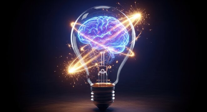 A light bulb with a glowing brain inside, emitting light and energy, against a dark background. - Powered by Adobe
