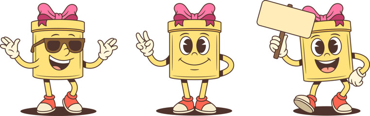 Three cartoon gift box characters mascot vector illustration set. Greeting with sunglasses victory sign and holding price tag. Commercial poses for advertising promotion retail theme
