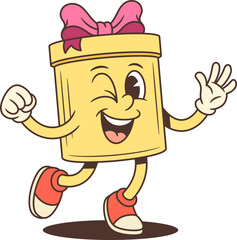 Colorful cartoon character mascot vector illustration of a yellow gift box with pink bow, smiling face, waving hand, festive and playful design.
