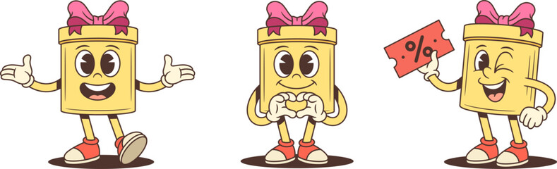 Three endearing cartoon gift box characters mascot vector illustration set. Greeting with open arms heart hands gesture and holding discount coupon. Affectionate poses for advertising promotion theme