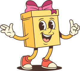 Friendly cartoon gift box character mascot vector illustration. Yellow box with pink bow points upward with important message. Ideal for announcements, advertising, promotions, and festive events