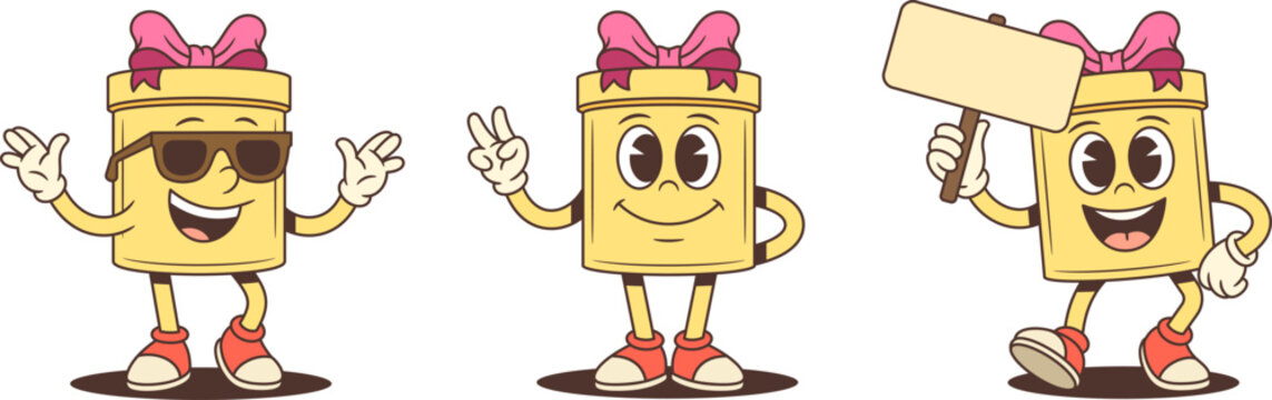 Three cartoon gift box characters mascot vector illustration set. Greeting with sunglasses victory sign and holding price tag. Commercial poses for advertising promotion retail theme