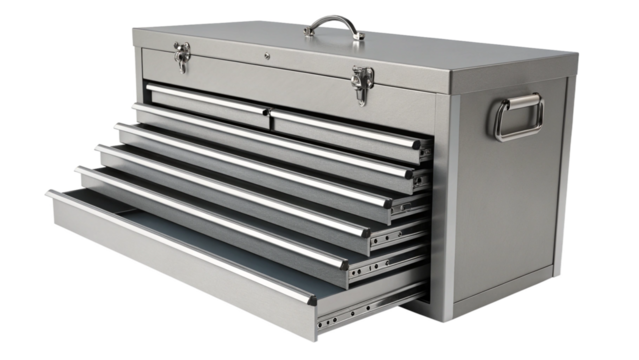 A silver metal toolbox with multiple open drawers filled with tools, isolated on transparent background