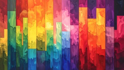 Abstract image of layered rectangular blocks in a vibrant spectrum, creating a waterfall effect of colored washes