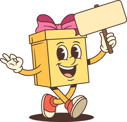 Friendly cartoon gift box mascot character vector illustration. Waving and holding blank sign for text. Festive design for advertising promotion birthday holiday sale. Joyful celebration party