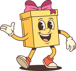 Friendly cartoon gift box character mascot vector illustration. Yellow present with pink bow waves hello. Cheerful birthday holiday design for advertising emoji sticker promotion