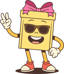 Playful cartoon gift box character mascot vector illustration. Wearing sunglasses and showing victory hand sign. Modern design for advertising promotion seasonal sale. Cool trendy celebration concept