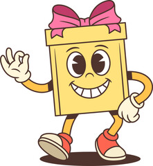 Cheerful cartoon gift box character mascot vector illustration. Making OK hand gesture with pink bow. Confident pose for advertising promotion seasonal sale. Positive approval concept