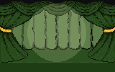 A pixel art illustration of a classic theatre stage featuring heavy, draped green curtains pulled back and tied with golden rope, with under a spotlight. used for wallpaper, background, lo-fi.