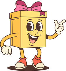 Cheerful cartoon gift box character mascot vector illustration. Pointing finger gesture with pink bow. Friendly design for advertising promotion special offer. Attention direction concept