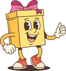 Friendly cartoon gift box character mascot vector illustration. Giving thumbs up gesture with hand on hip. Positive design for advertising promotion support concept. Cheerful approval success