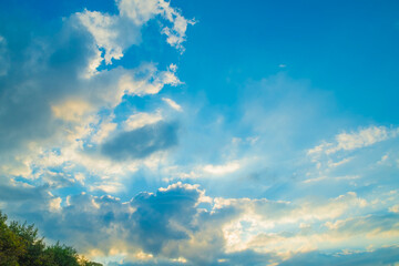 Bright sky at sunrise. Background with clouds in the blue sky and orange part below. Treetops.