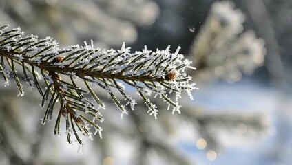 Close-up of frost-covered pine needles on a winter day. - Powered by Adobe